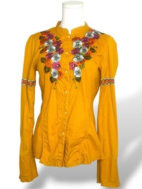 Johnny Was 3J Workshop mustard cotton embroidered button-down top size small